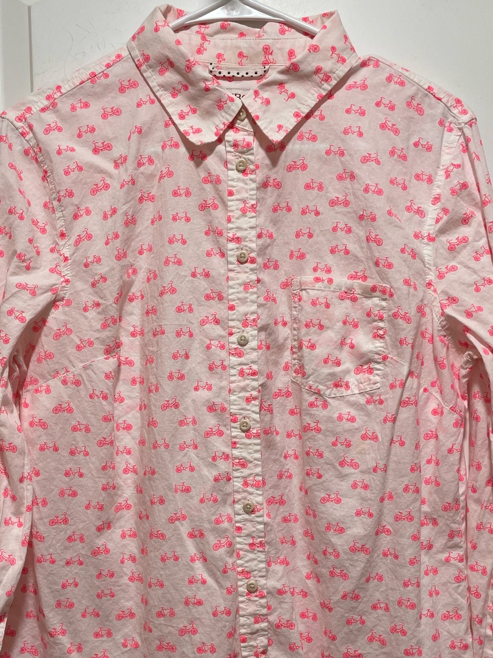 Whimsy! Pink Bicycle Print White Button Down Shirt Great Layering Piece Sz Large